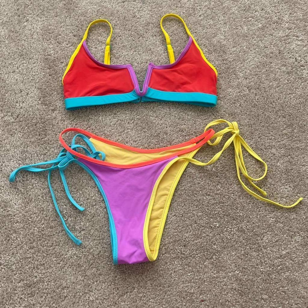 ONEONE Women Colorblock Bikini Set Red Purple Teal Yellow V-Wire Side Tie Small